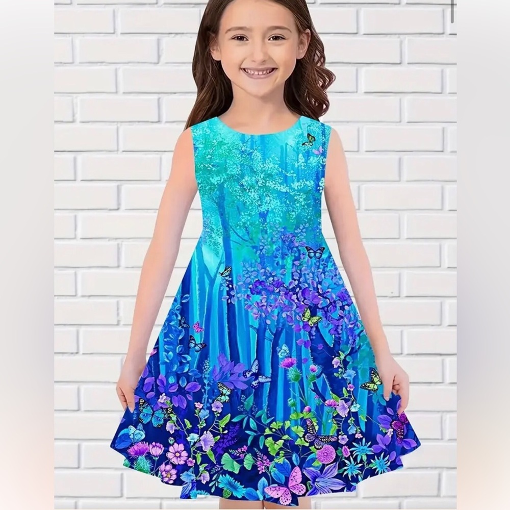 Butterfly Emerald Forrest Floral Sleeveless Girls Casual Dress (4-5 yr old)